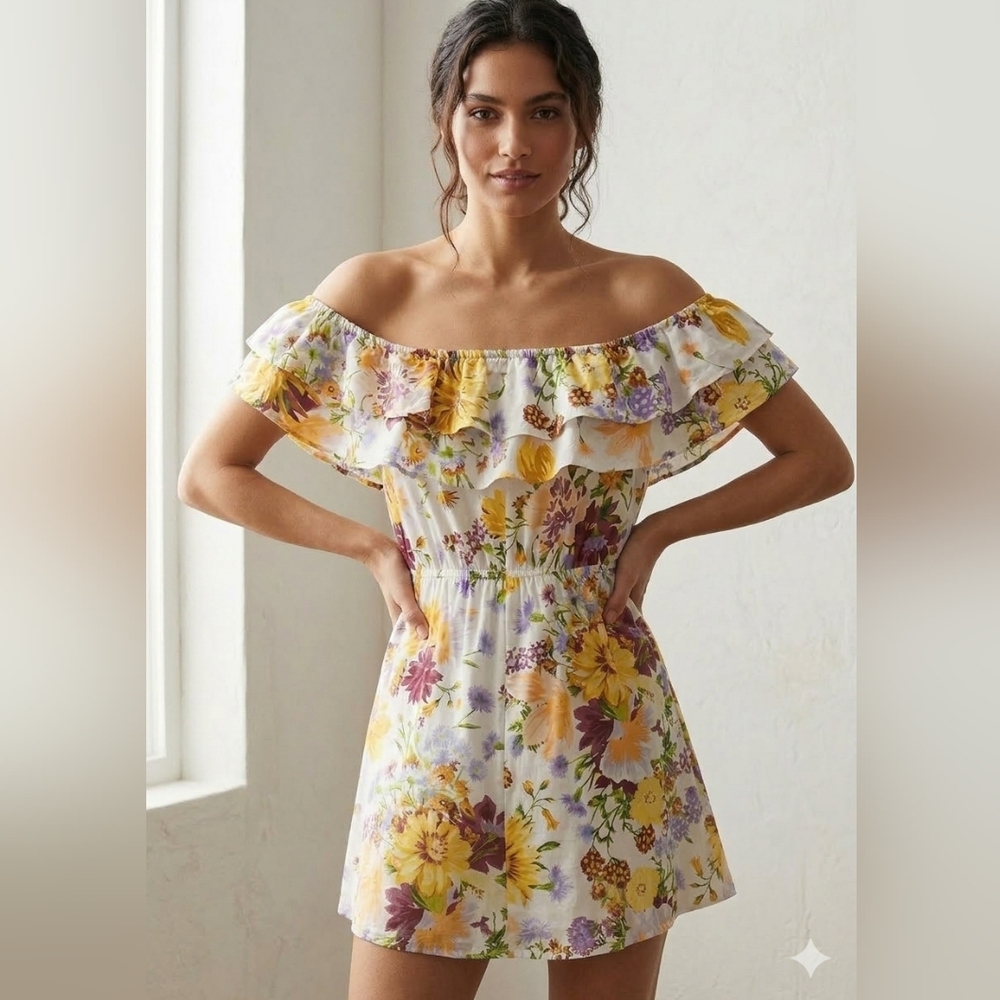 H&M Off-the-Shoulder Floral Ruffle Mini Dress - Boho Wildflower Print - Size M